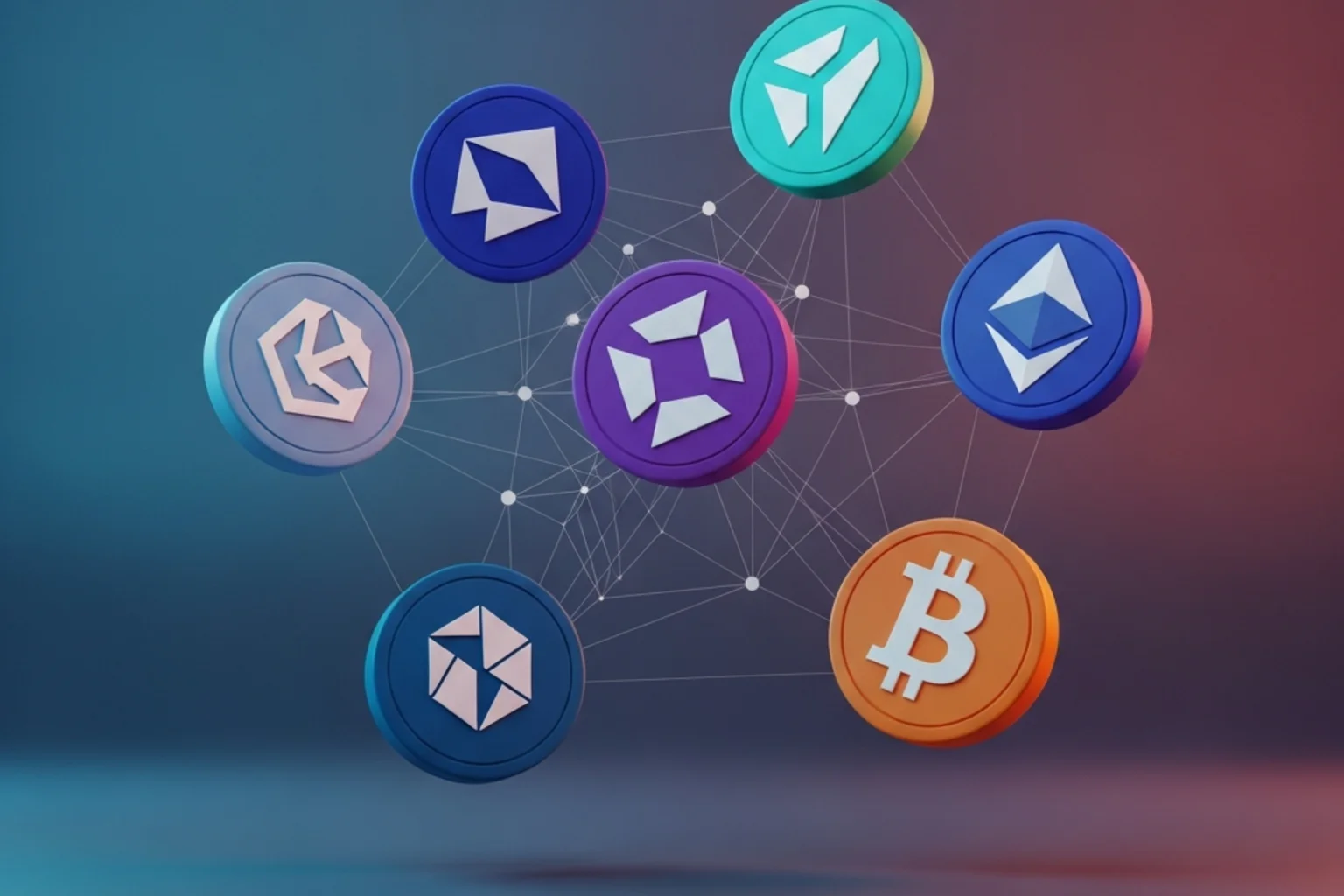 Constelación de seis símbolos altcoin (LTC, DOGE, XRP, SOL, BNB, BCH) en red minimalista