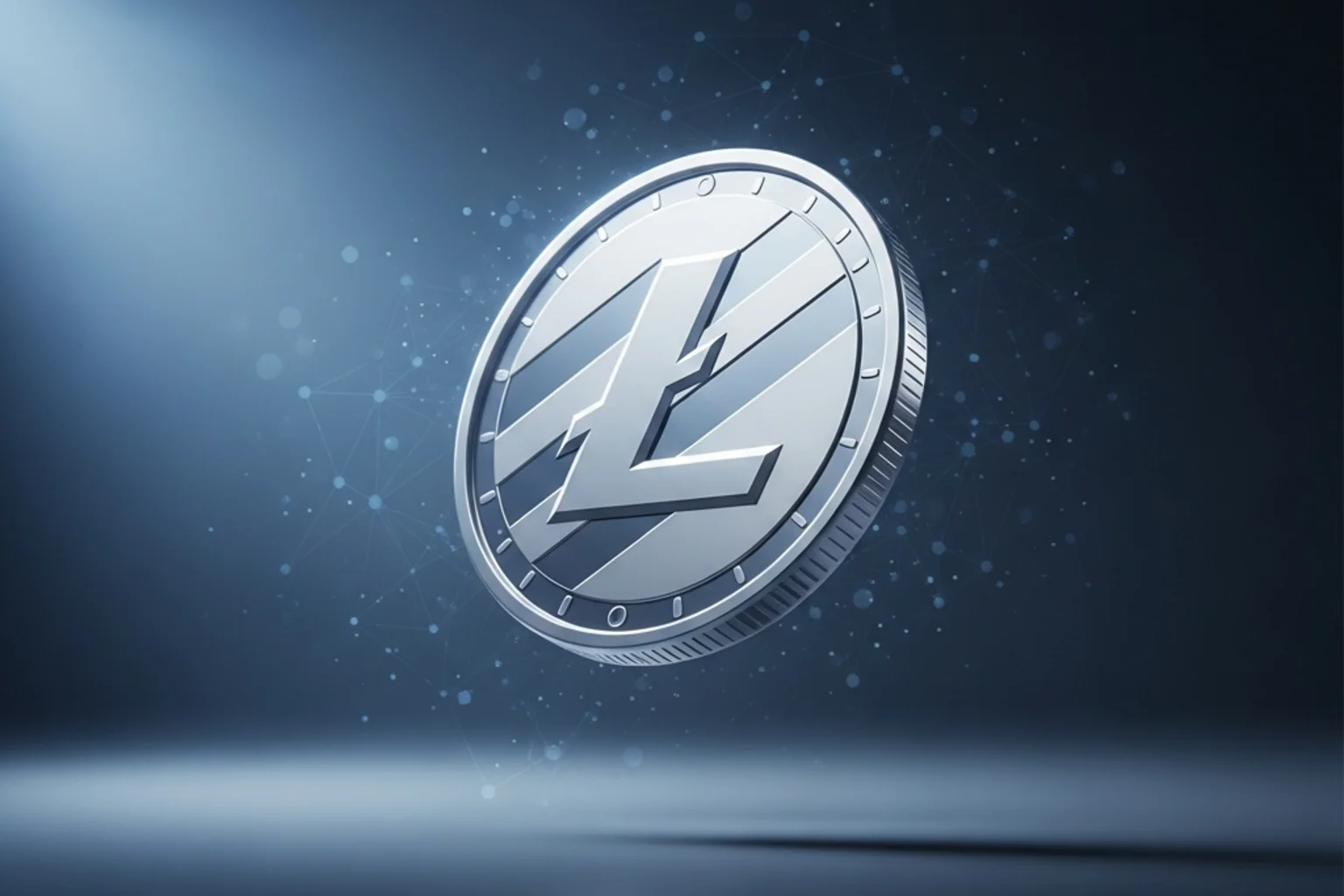 Símbolo Litecoin (Ł) flotando sobre red de bloques con tonos plata