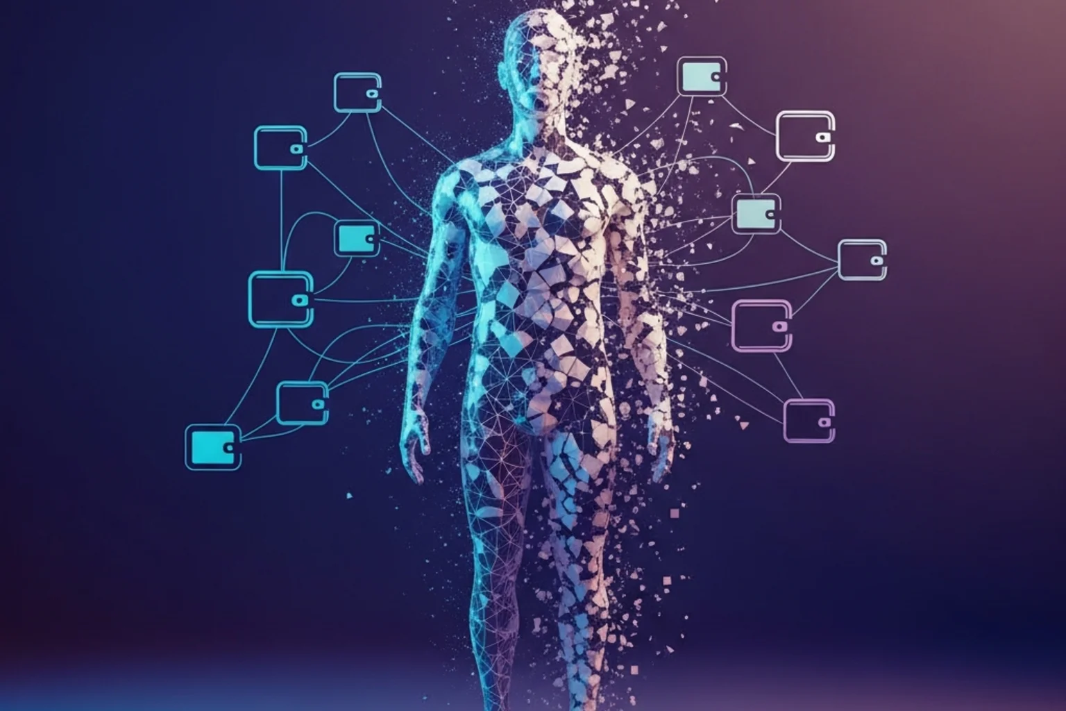 Diagrama abstracto de privacidad digital con nodos cripto y red de seudonimato