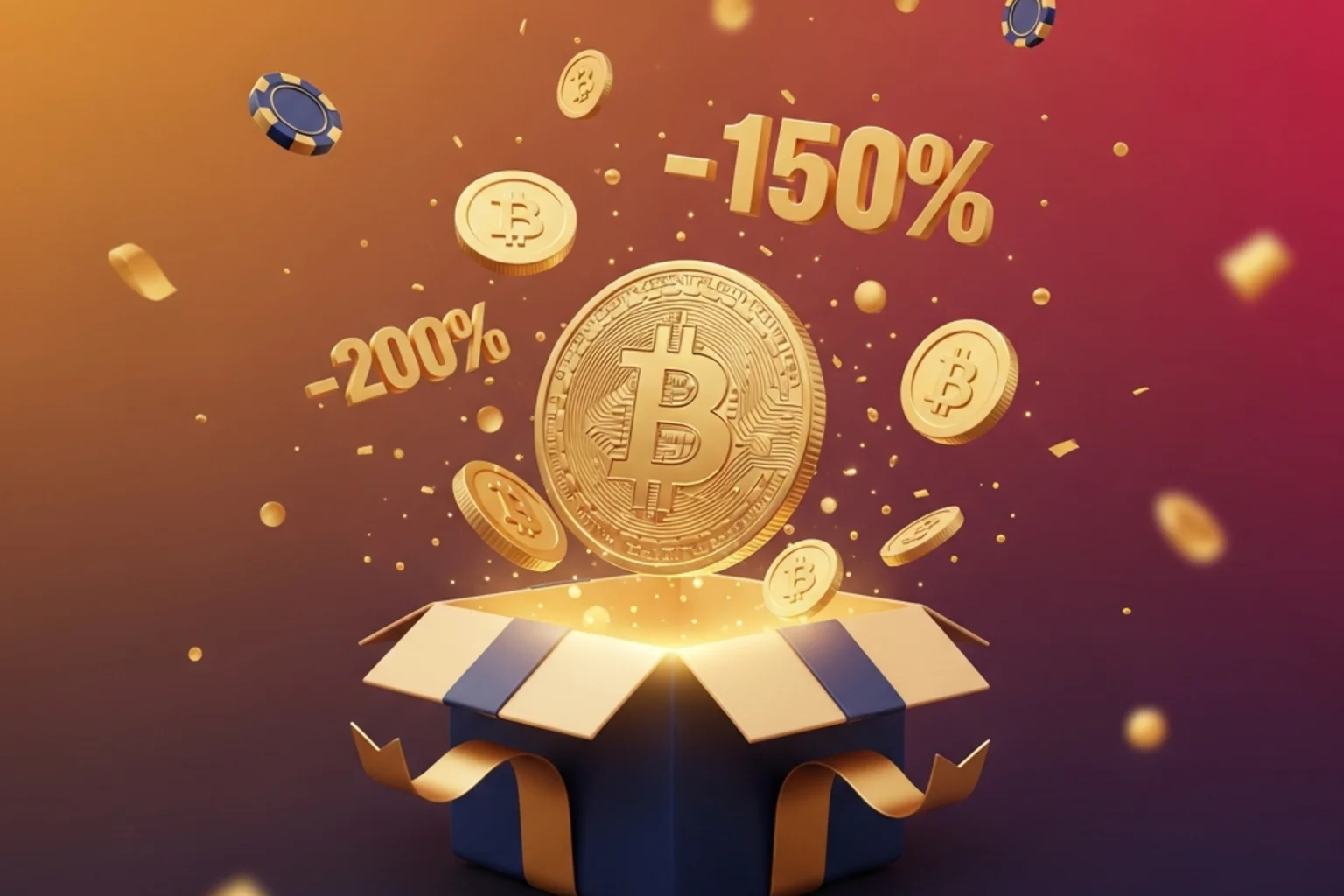 Caja regalo digital con monedas Bitcoin emergiendo sobre red conectada