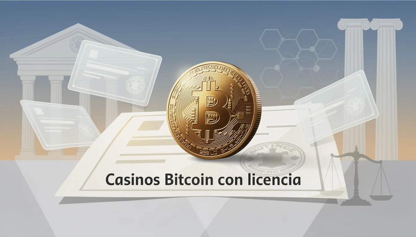 Sello de licencia editorial sobre fondo blockchain con moneda Bitcoin tenue
