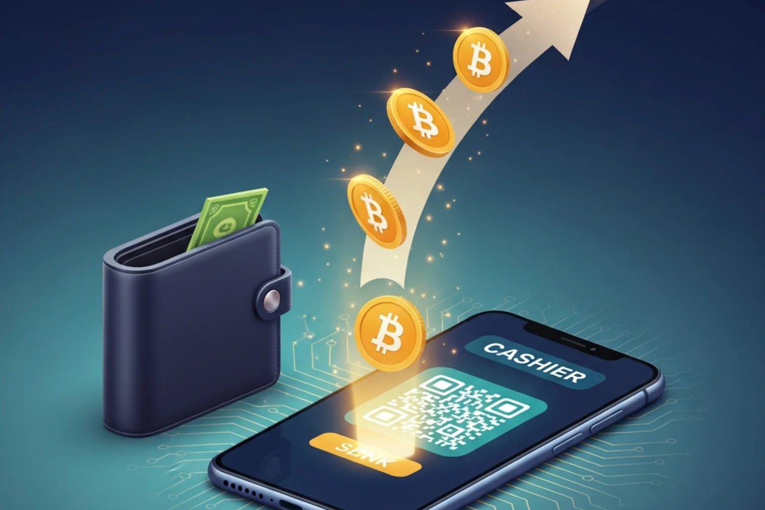 Smartphone con código QR estilizado, hardware wallet y monedas Bitcoin viajando por flecha luminosa