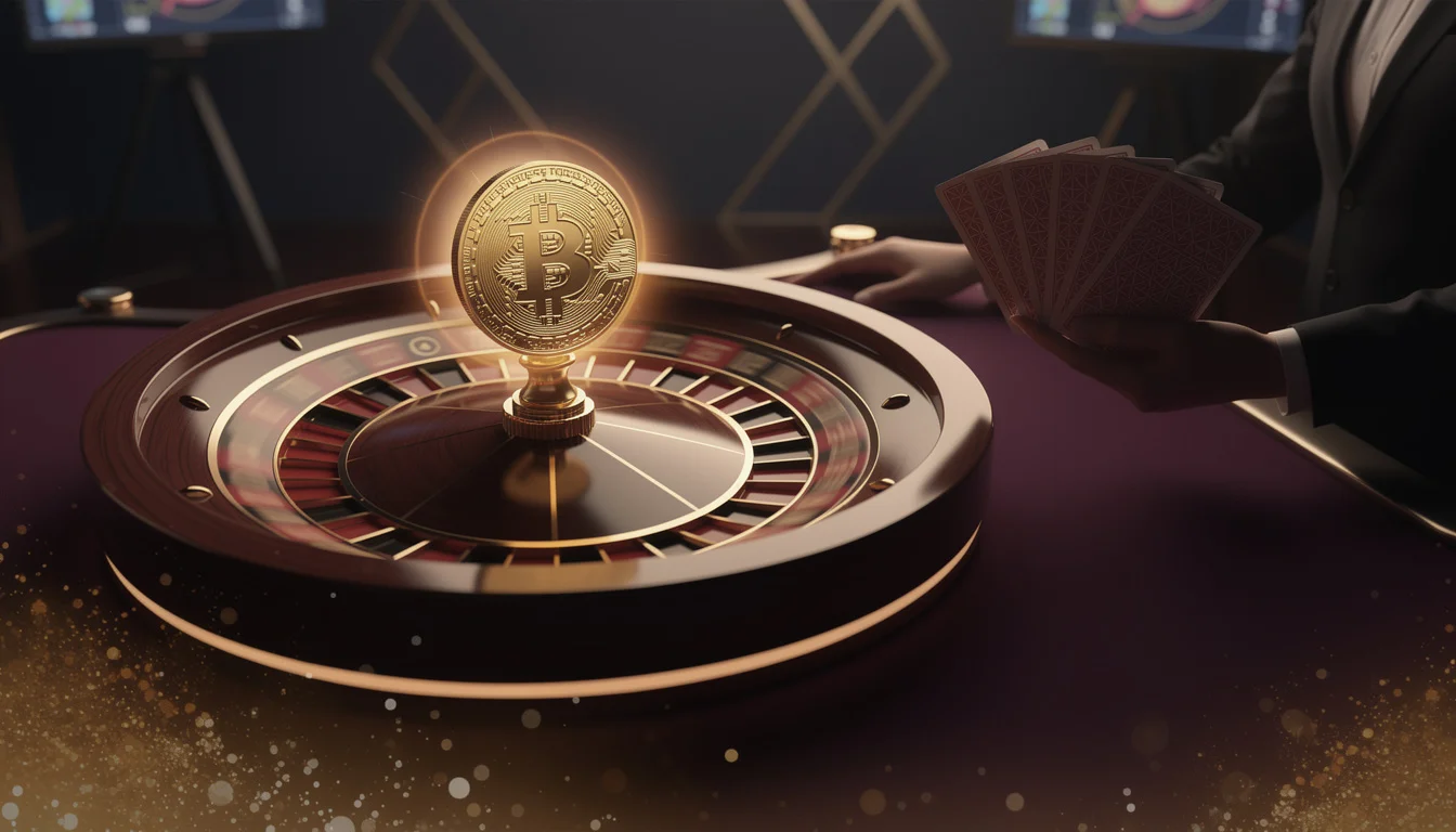 Mesa de juego en vivo estilizada con cámara y elementos cripto