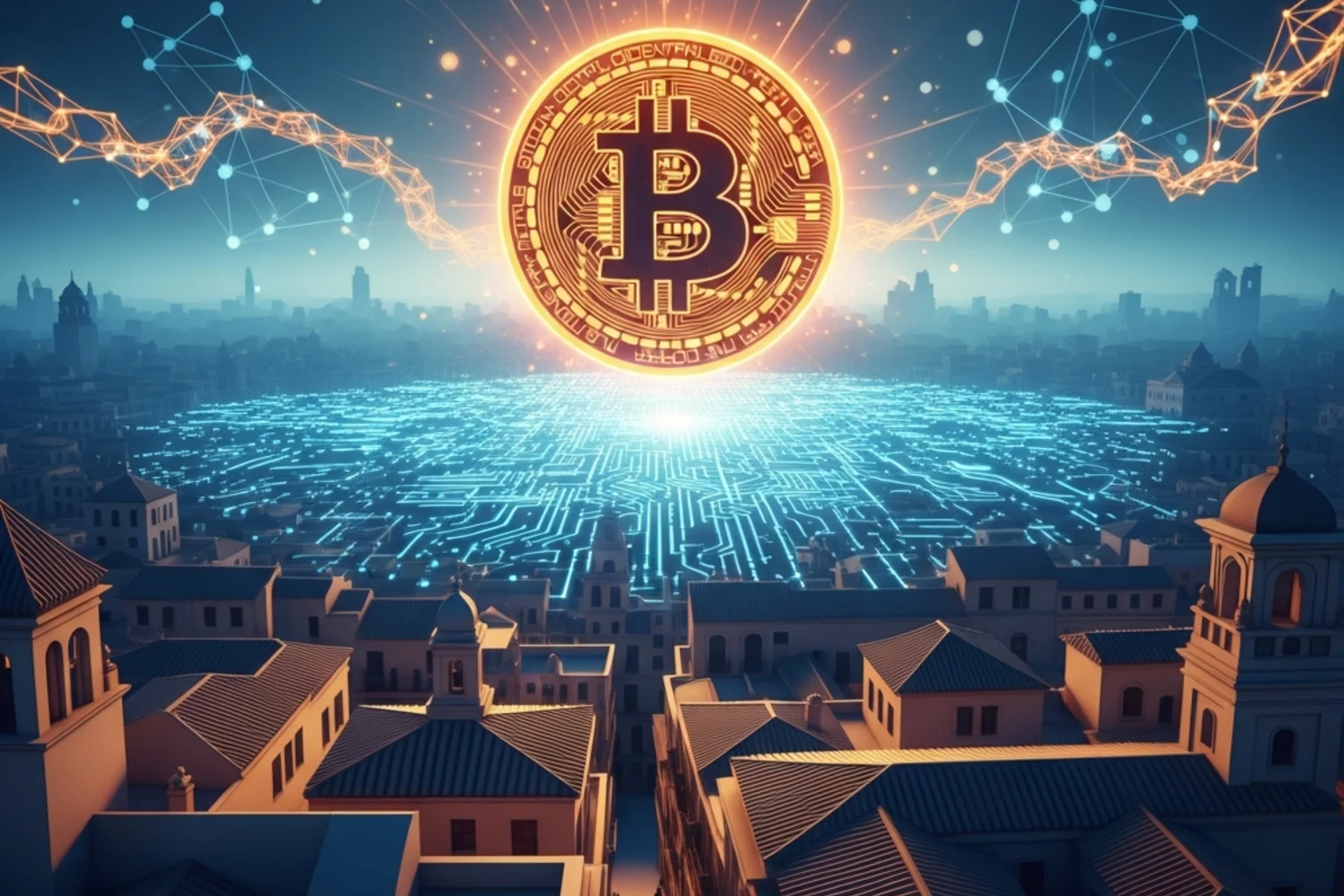 Composición conceptual aérea con moneda Bitcoin sobre paisaje digital y red blockchain