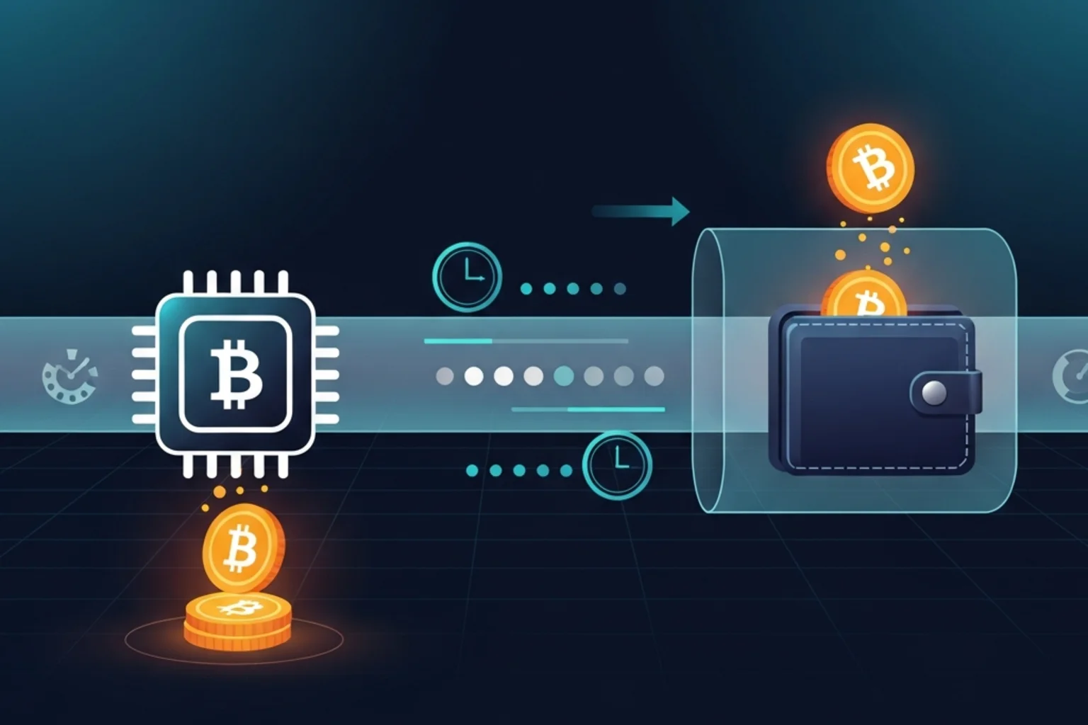 Wallet digital recibiendo monedas Bitcoin desde una interfaz de cashier abstracta