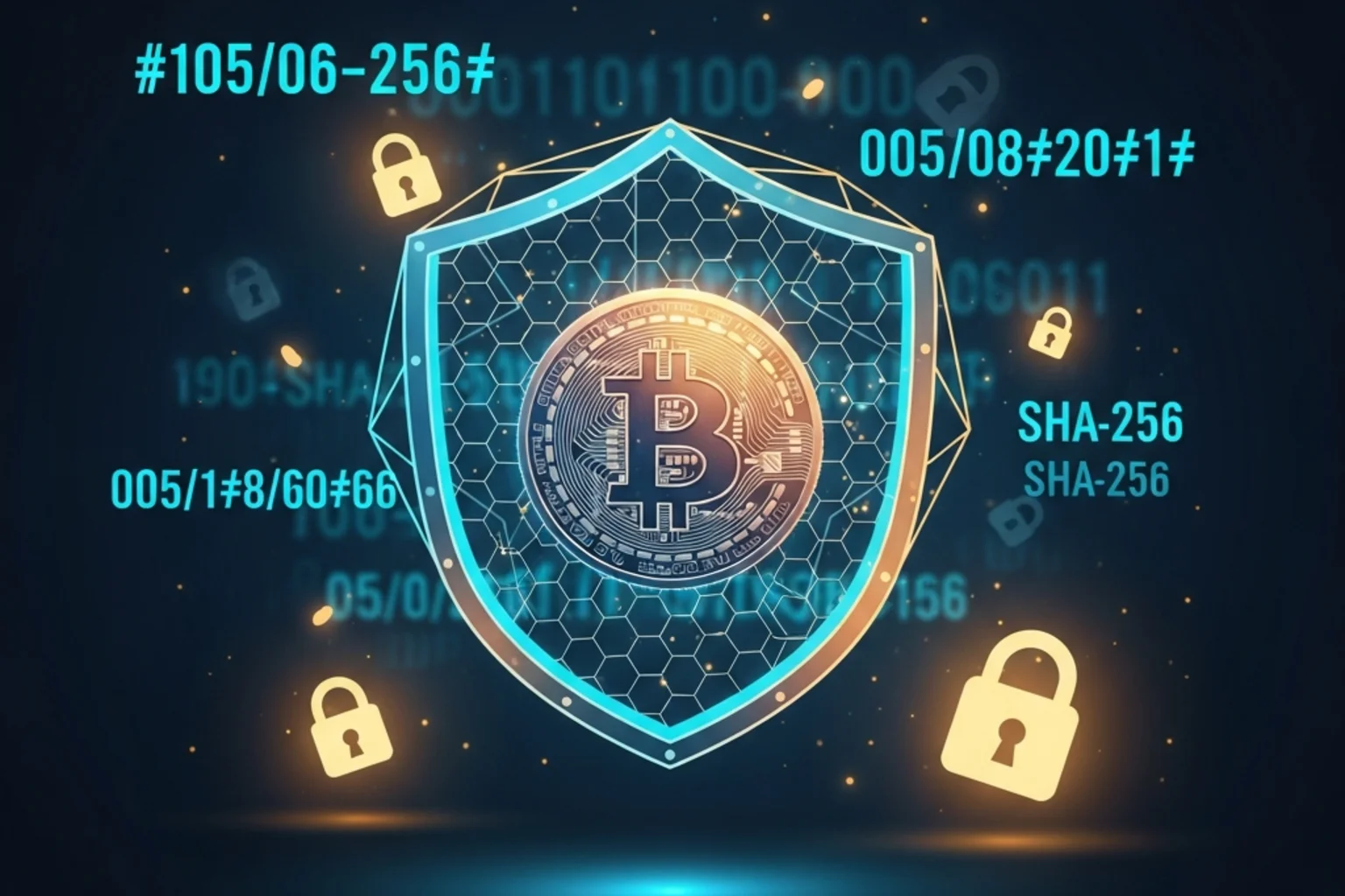 Escudo digital sobre red blockchain estilizada con acentos de Bitcoin