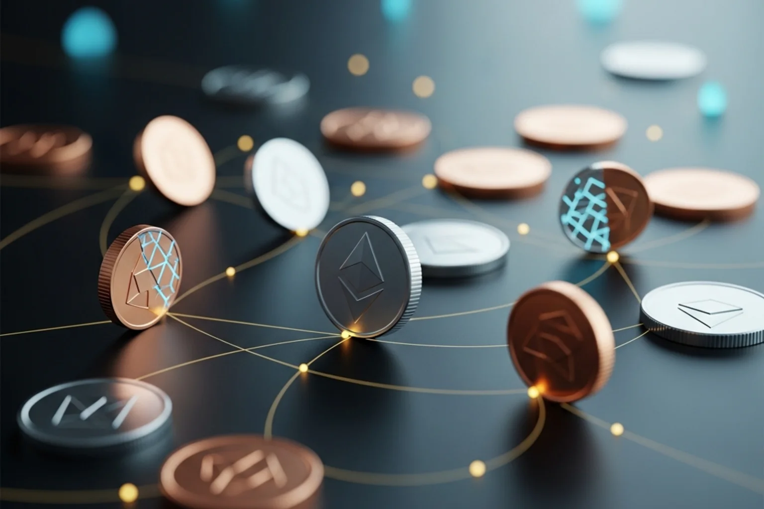 Monedas cripto fragmentadas y red blockchain de fondo, ilustrando microdepósitos