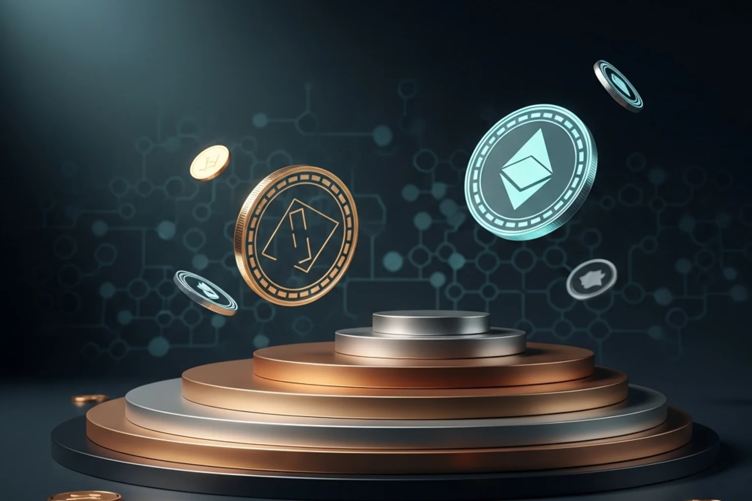 Mesa de juego high-stakes con elementos cripto y carta de niveles