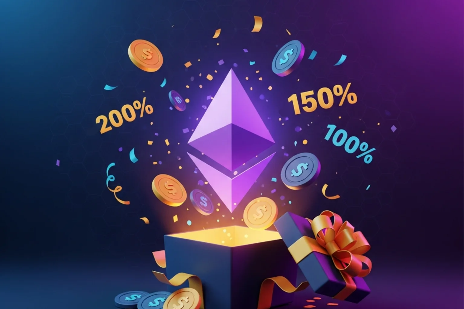 Caja regalo con prisma Ethereum flotando sobre red descentralizada
