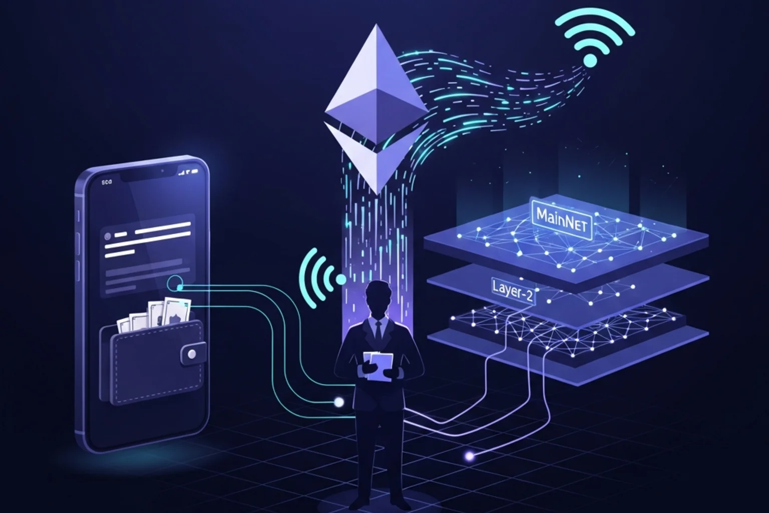 Wallet Ethereum enviando ETH a interfaz de cashier con visualización de gas
