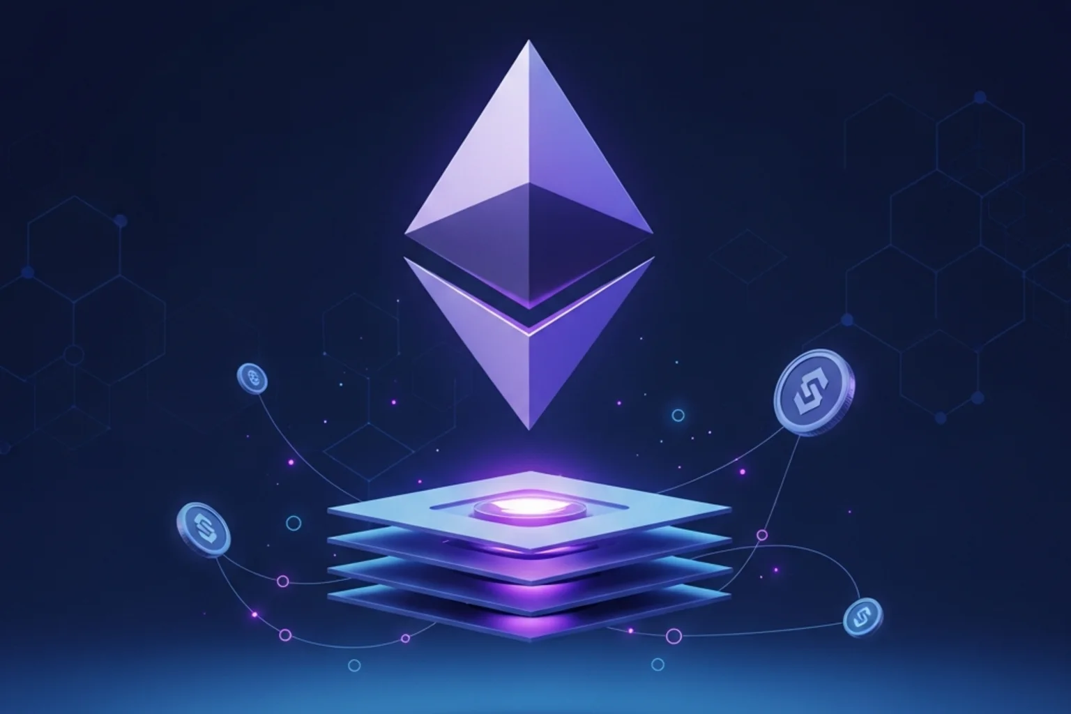 Logo Ethereum estilizado sobre rejilla Layer-2 con destellos púrpura-azulado