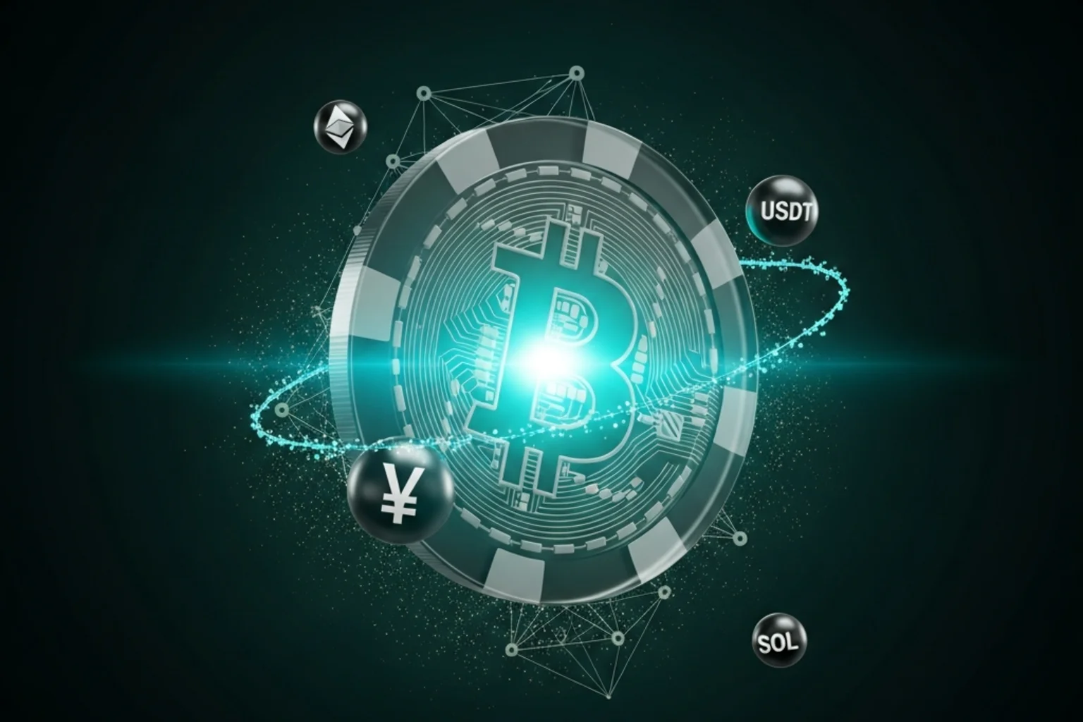 Visualización abstracta de casino con criptomonedas: ficha digital con símbolo Bitcoin sobre fondo de cadena de bloques