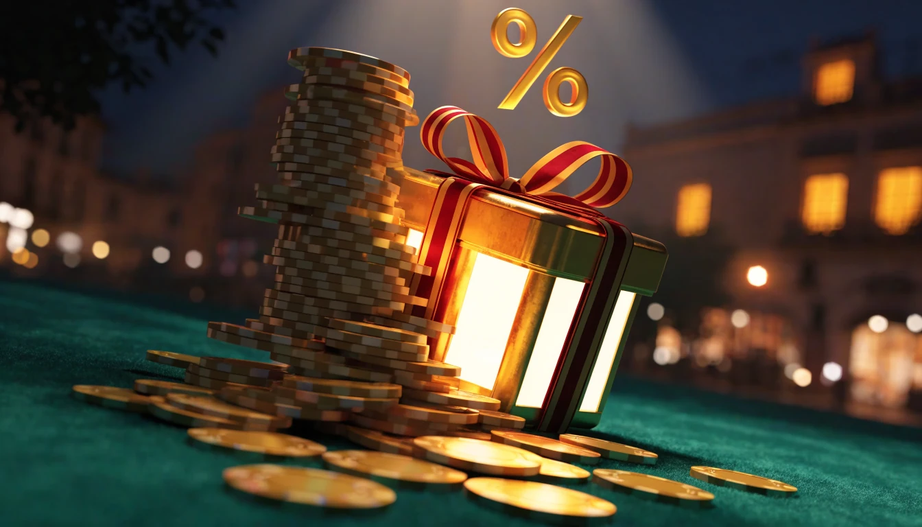 Pila de fichas doradas junto a una caja de regalo con lazo rojo y símbolo de porcentaje brillante