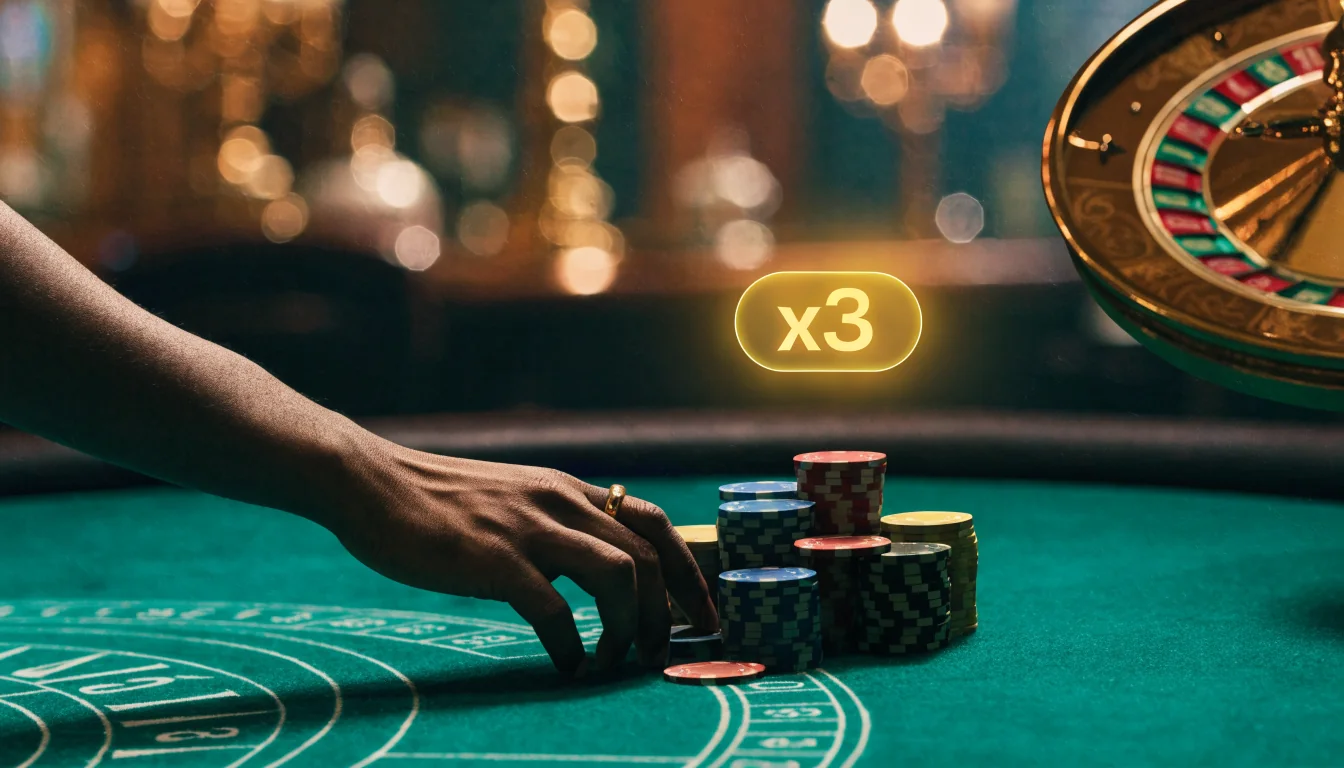 Mesa de casino con fichas y ruleta dorada bajo un brillo de bonificación triple