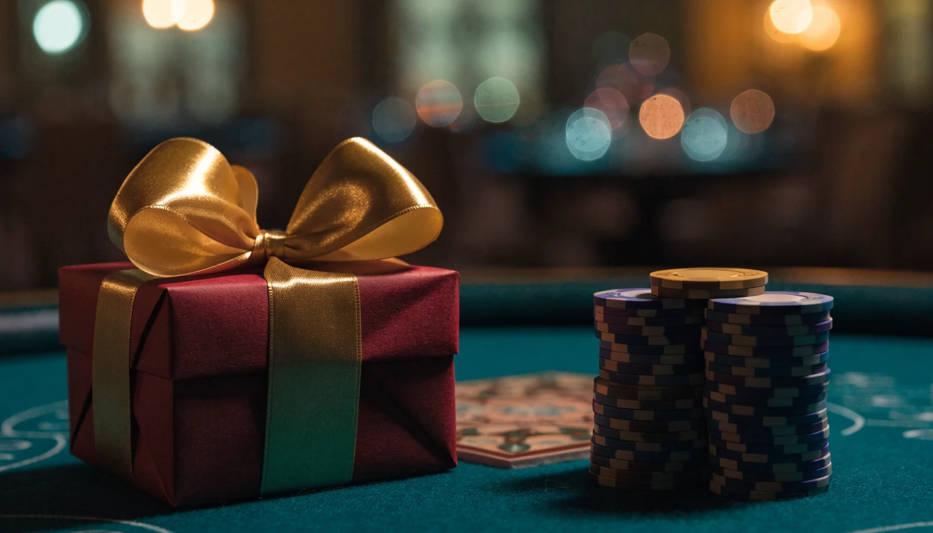 Caja de regalo de cumpleaños con cinta dorada y fichas de casino sobre mesa de fieltro.