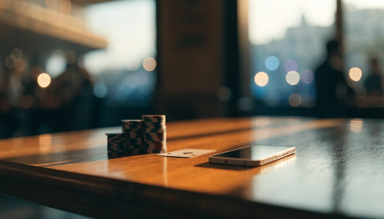 Mesa de casino con fichas doradas y smartphone boca abajo, luz cálida mediterránea.