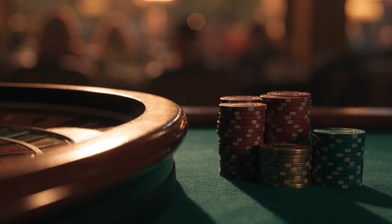Ruleta de casino con fichas de colores apiladas sobre tapete verde con luz cálida