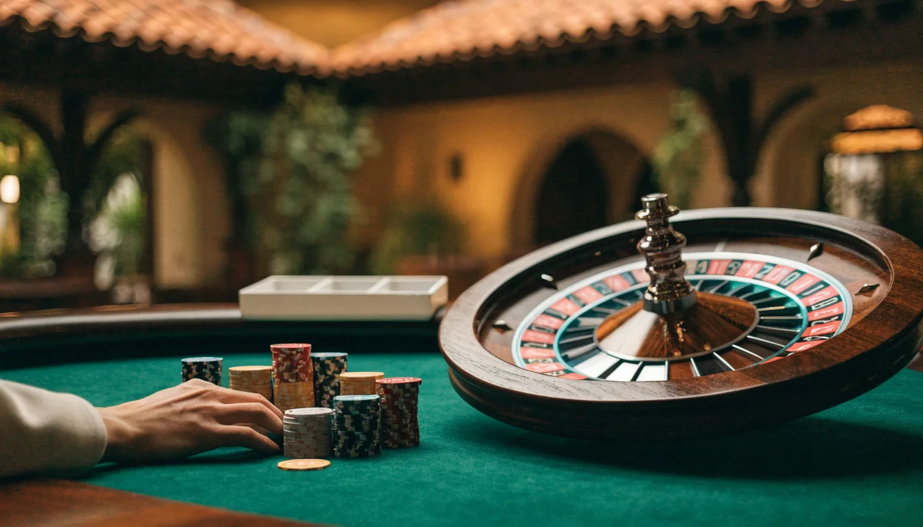 Mesa de casino con ruleta y fichas de colores