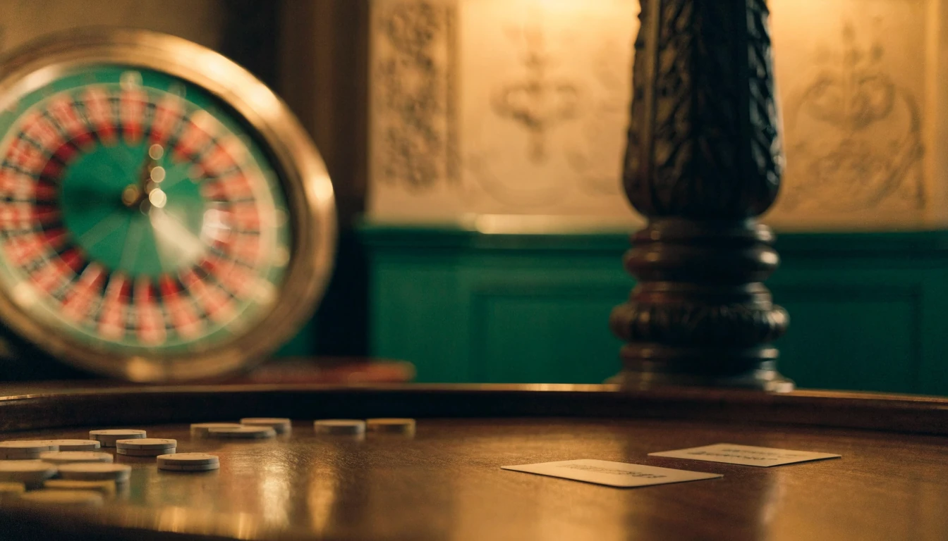 Mesa de casino con fichas de baja denominación y ruleta al fondo, ambiente español cálido