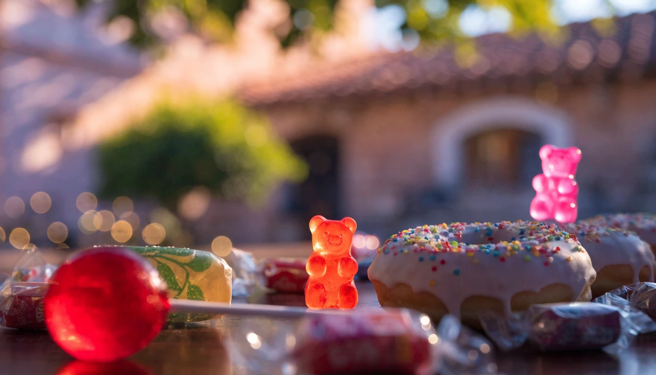 Mesa al aire libre con caramelos, piruletas y rosquillas de colores bajo luces cálidas