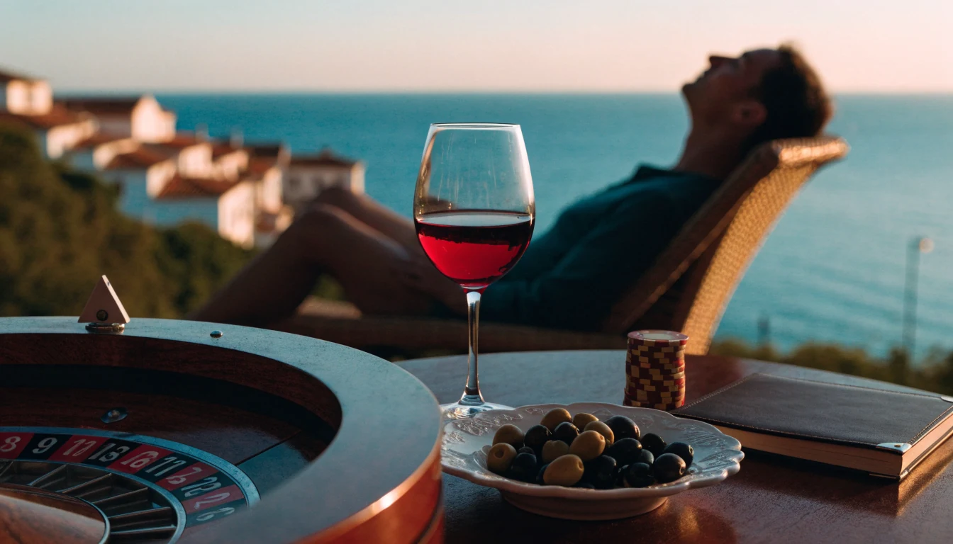Mesa de terraza española con ruleta, fichas de casino y vino al atardecer mediterráneo