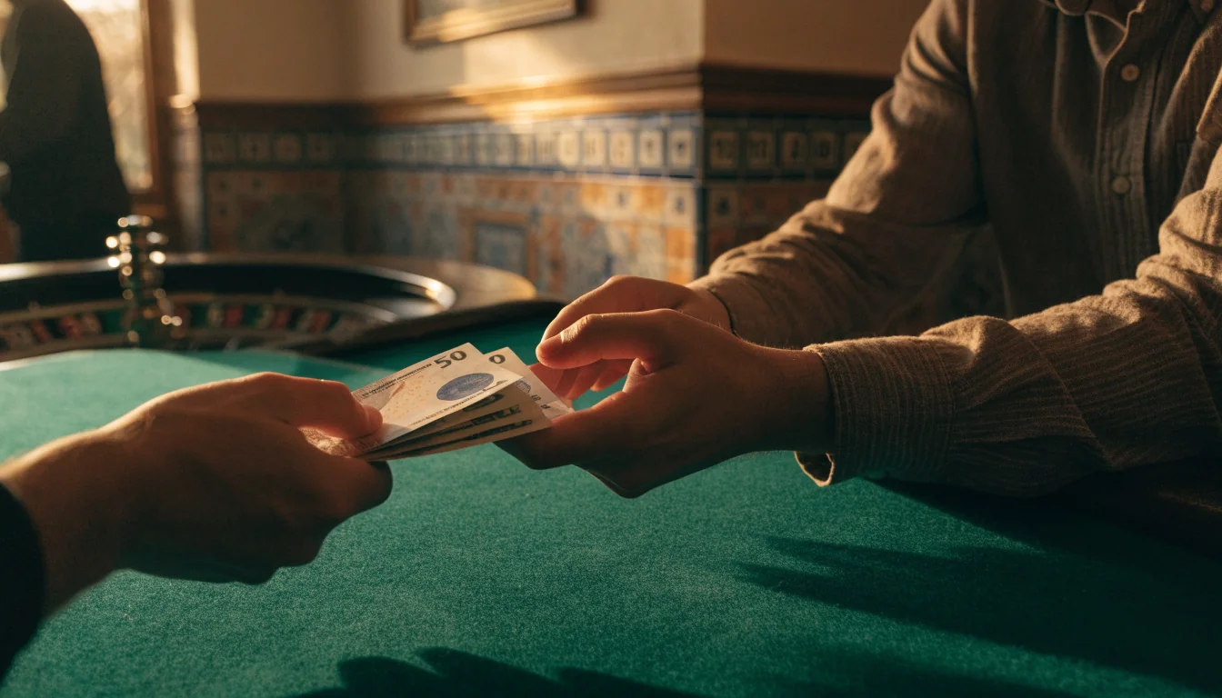 Jugador recibiendo euros al instante en mesa de casino español