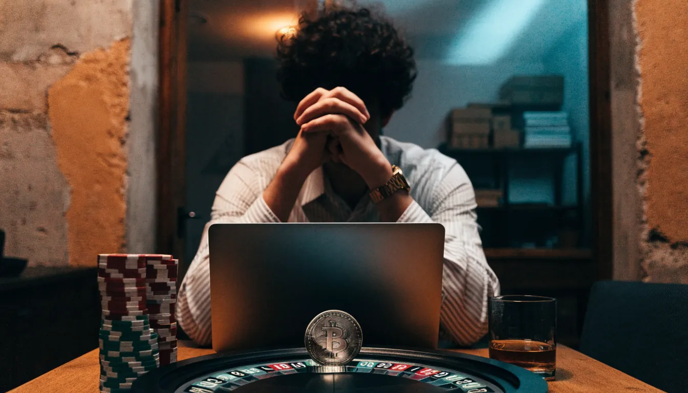 Persona jugando en mesa de casino con fichas y moneda Bitcoin en ambiente privado y discreto.