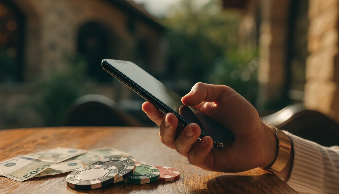 Mano sosteniendo un teléfono junto a fichas de casino y billetes en euros sobre una mesa