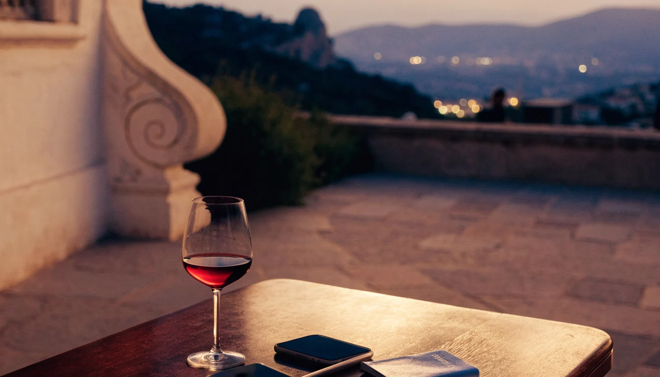 Terraza española al atardecer con pasaporte y smartphone sobre la mesa