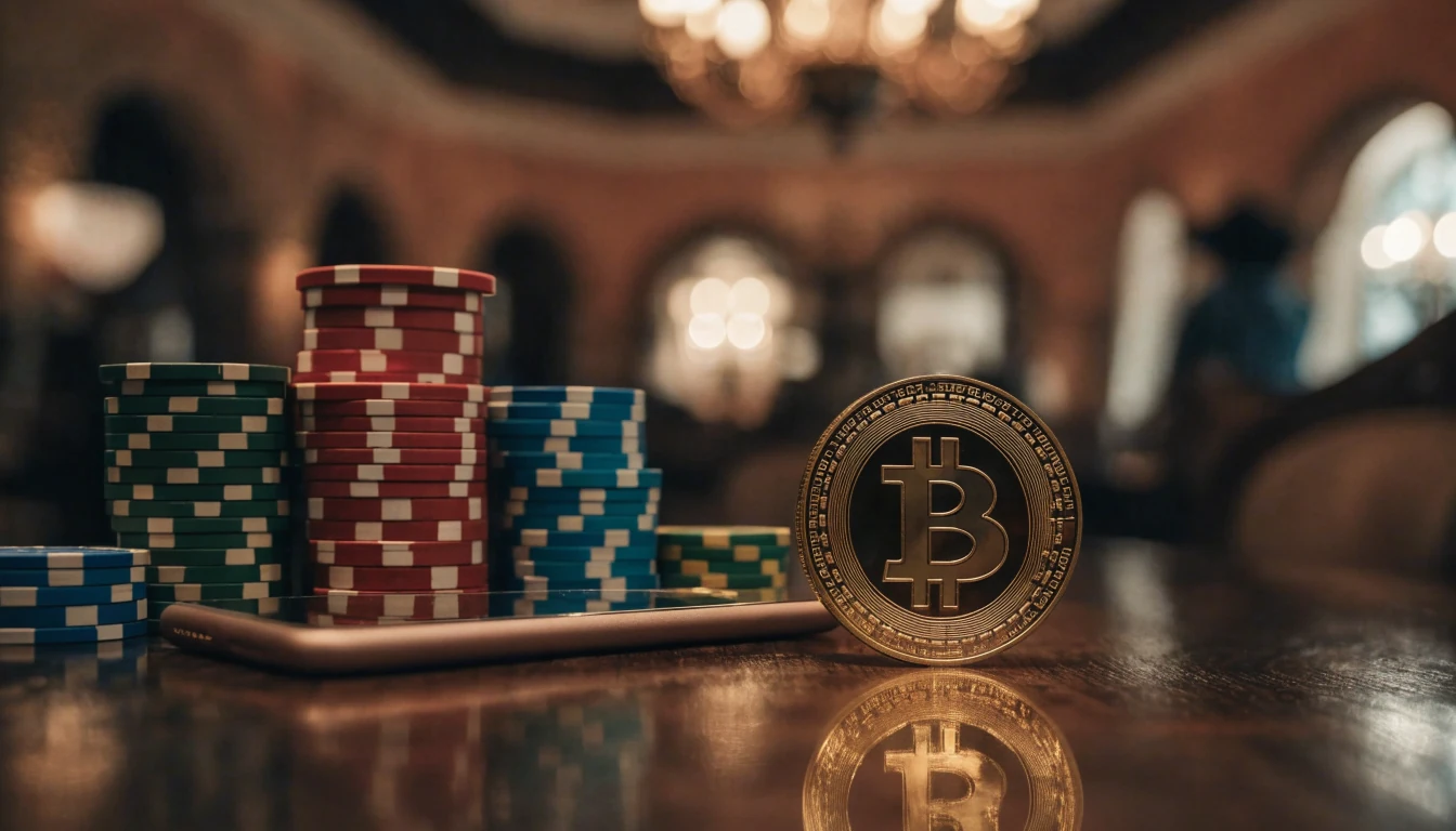 Mesa de casino española con fichas, moneda Bitcoin Cash dorada y smartphone boca abajo