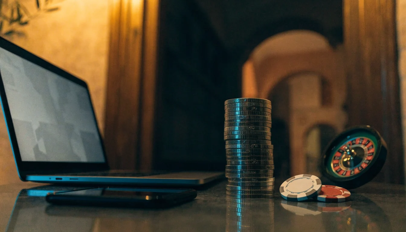 Criptomonedas Dogecoin junto a fichas de casino sobre un escritorio moderno en interior español