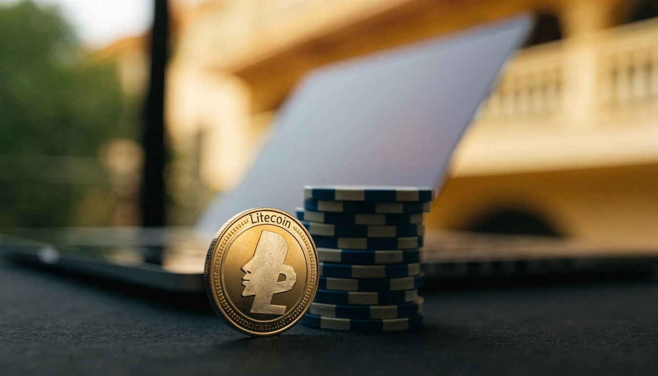 Moneda Litecoin junto a fichas de casino y un portátil cerrado