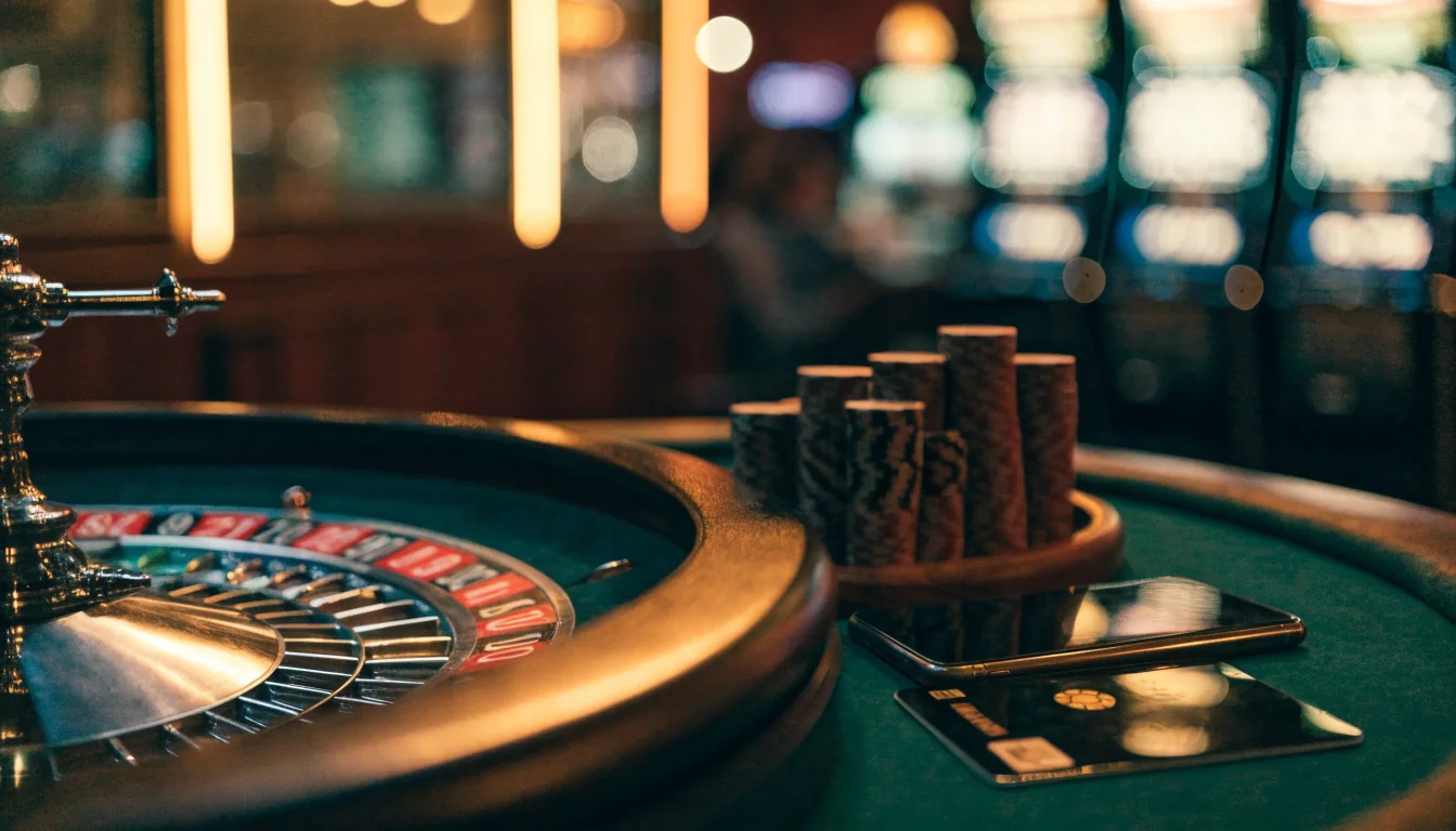Mesa de casino con ruleta, fichas, smartphone y tarjeta de pago