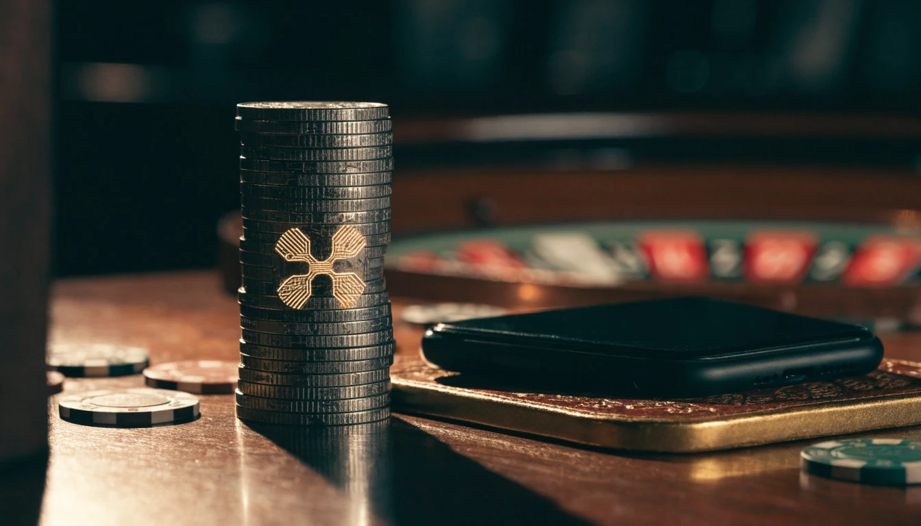 Monedas XRP y fichas de casino sobre escritorio de madera oscura