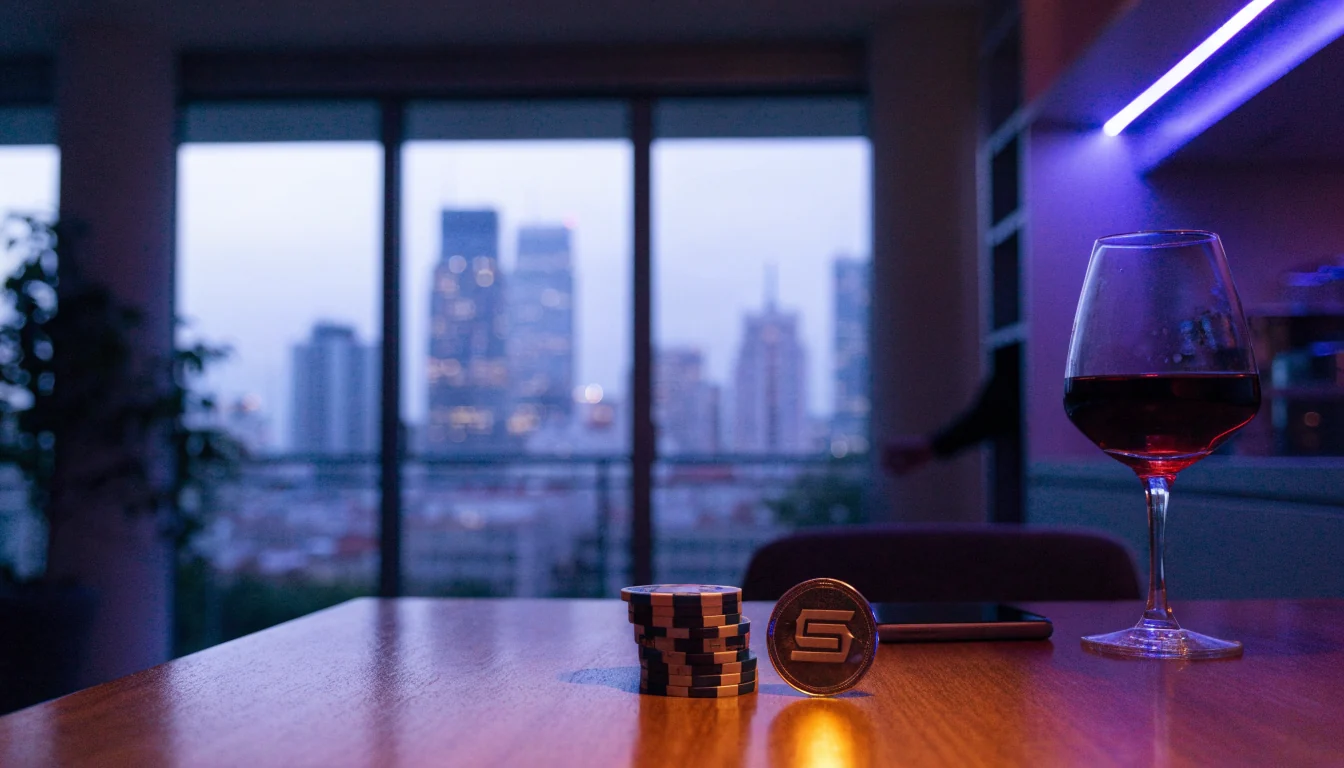 Mesa con fichas de casino, moneda Solana y smartphone en apartamento español al atardecer