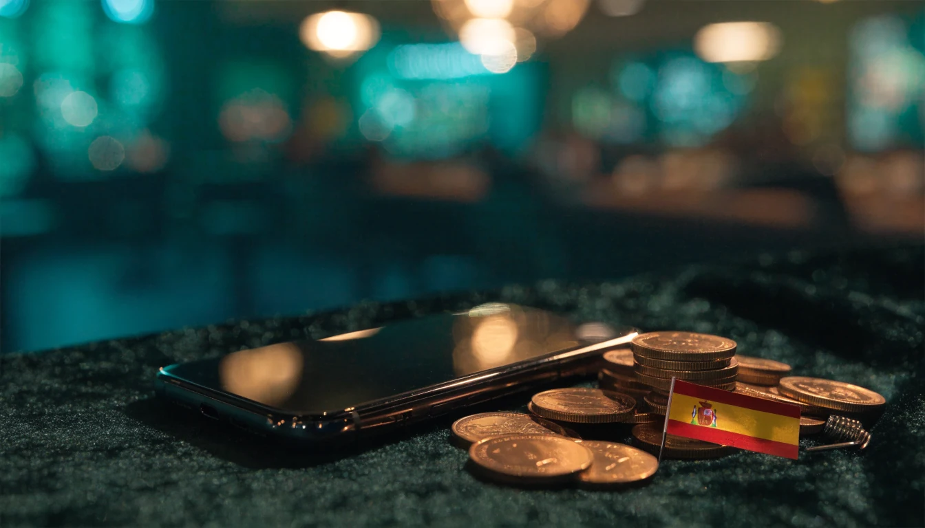 Móvil boca abajo junto a monedas Tether USDT y bandera española