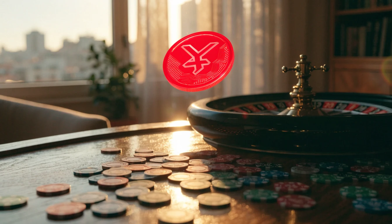 Moneda Tron brillante sobre mesa de casino con fichas y ruleta en interior español