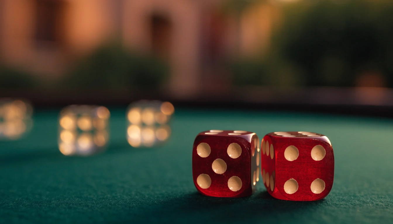 Dados de casino rojos sobre tapete verde con luz cálida
