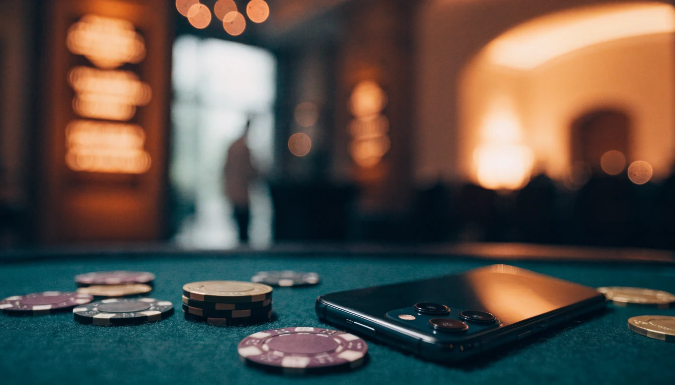 iPhone boca abajo junto a fichas de casino en una mesa de fieltro