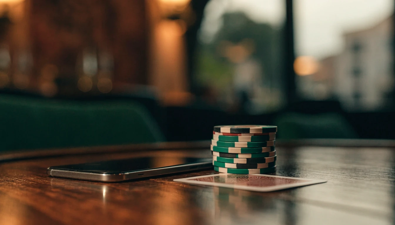 Teléfono moderno sobre mesa de casino con fichas y carta, ambiente mediterráneo elegante