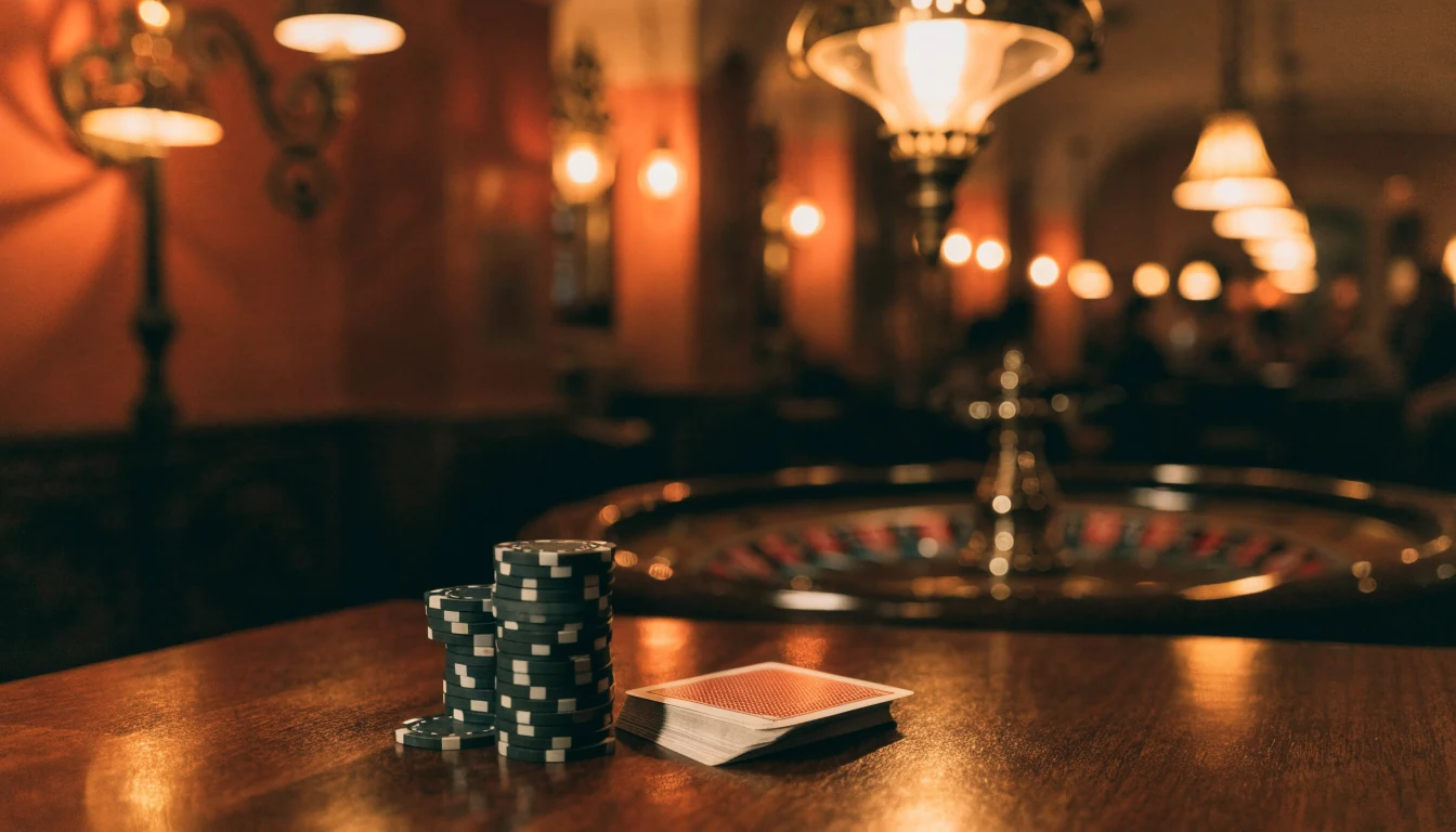 Ambiente elegante de salón de casino español con fichas, cartas y luz cálida