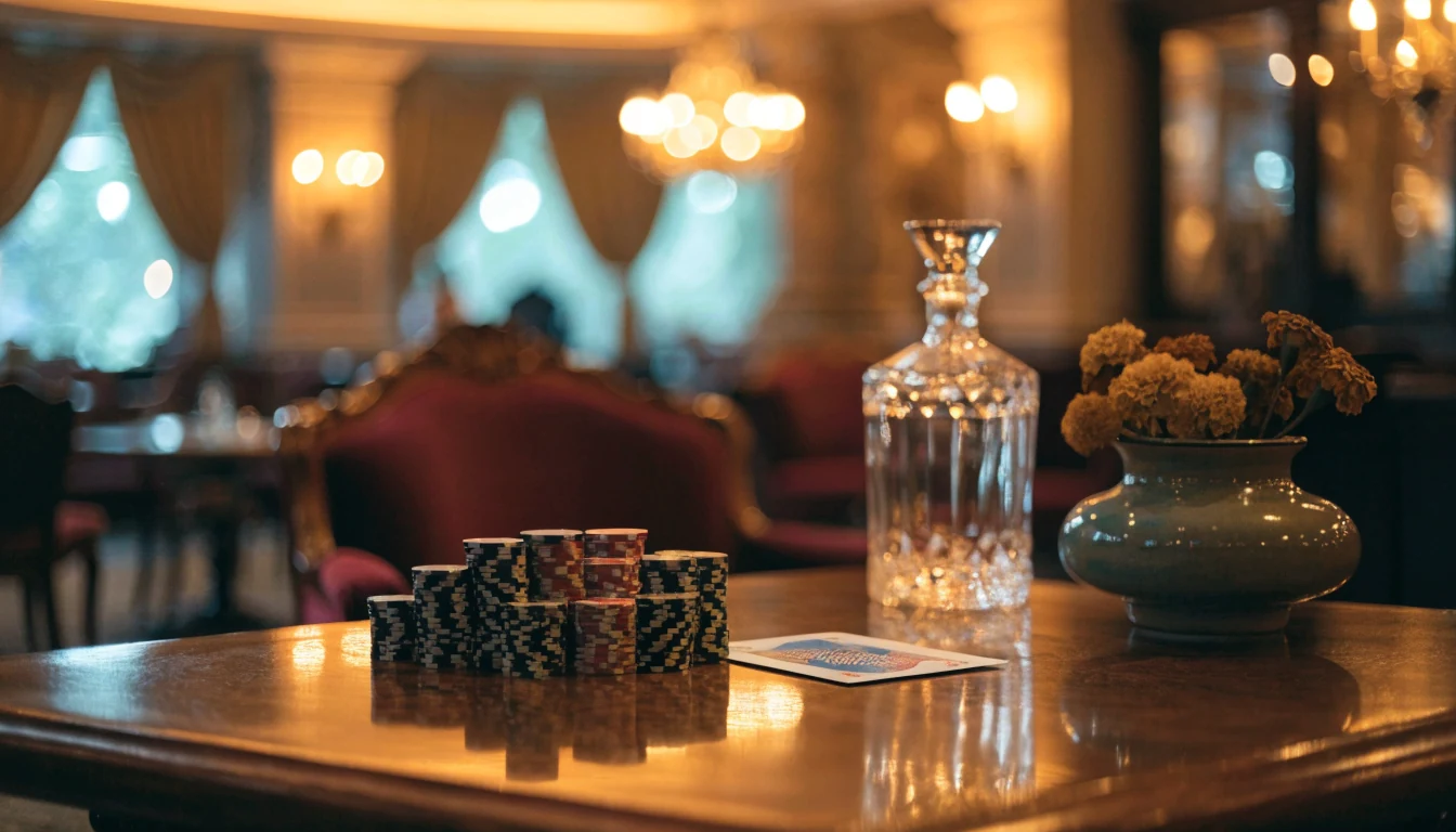 Elegante salón de casino español con fichas y ambiente sofisticado en tonos dorados
