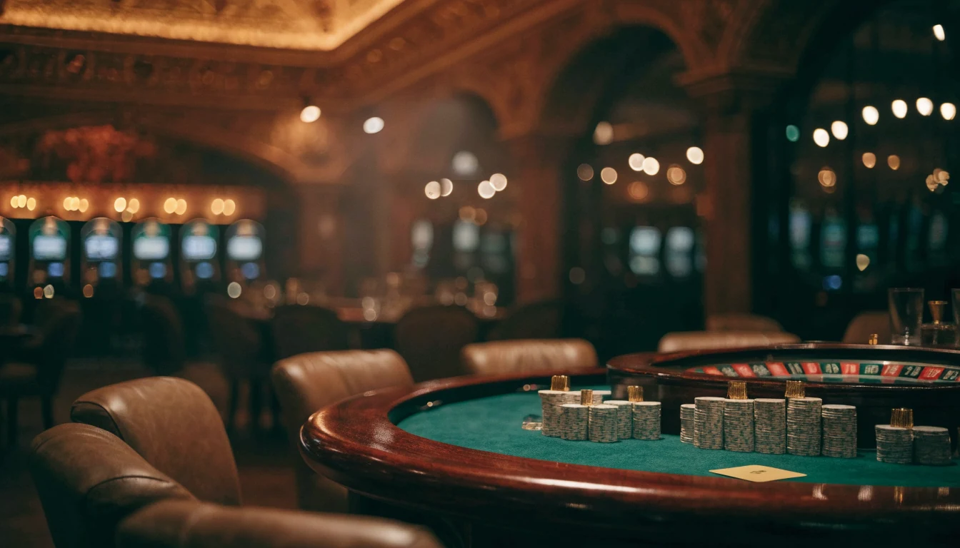 Interior elegante de casino español con mesa de ruleta y fichas doradas