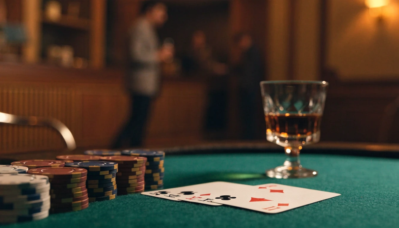 Mesa de casino elegante con fichas de póquer apiladas, cartas repartidas y una copa de brandy sobre fieltro verde.