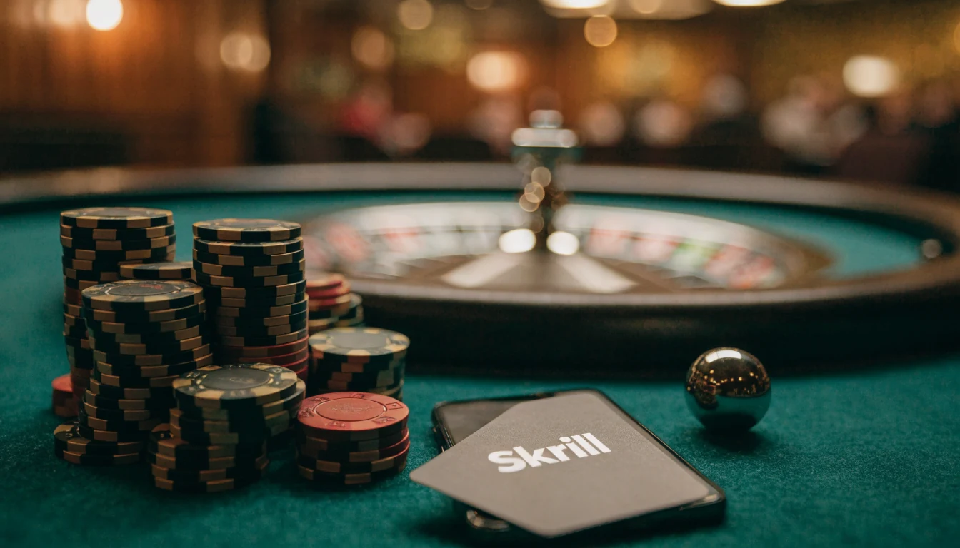 Mesa de casino con fichas, ruleta, tarjeta de pago y teléfono sobre tapete verde