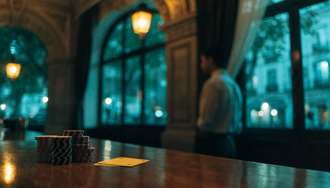 Mesa de casino con fichas y carta bajo iluminación cálida española