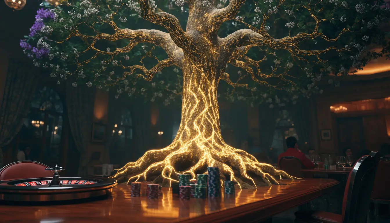 Árbol Yggdrasil luminoso sobre mesa de casino con fichas y ruleta