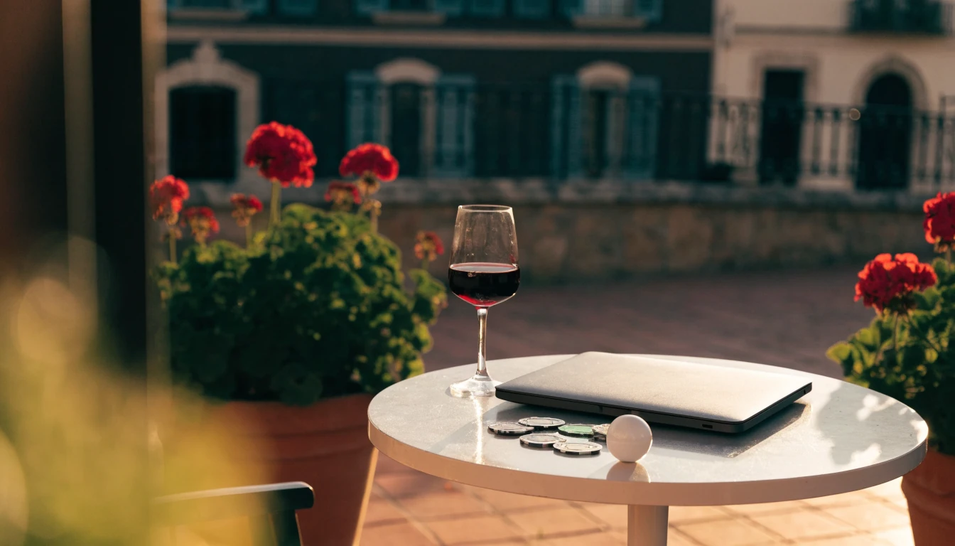Mesa de terraza española al atardecer con portátil cerrado, fichas de casino y copa de vino