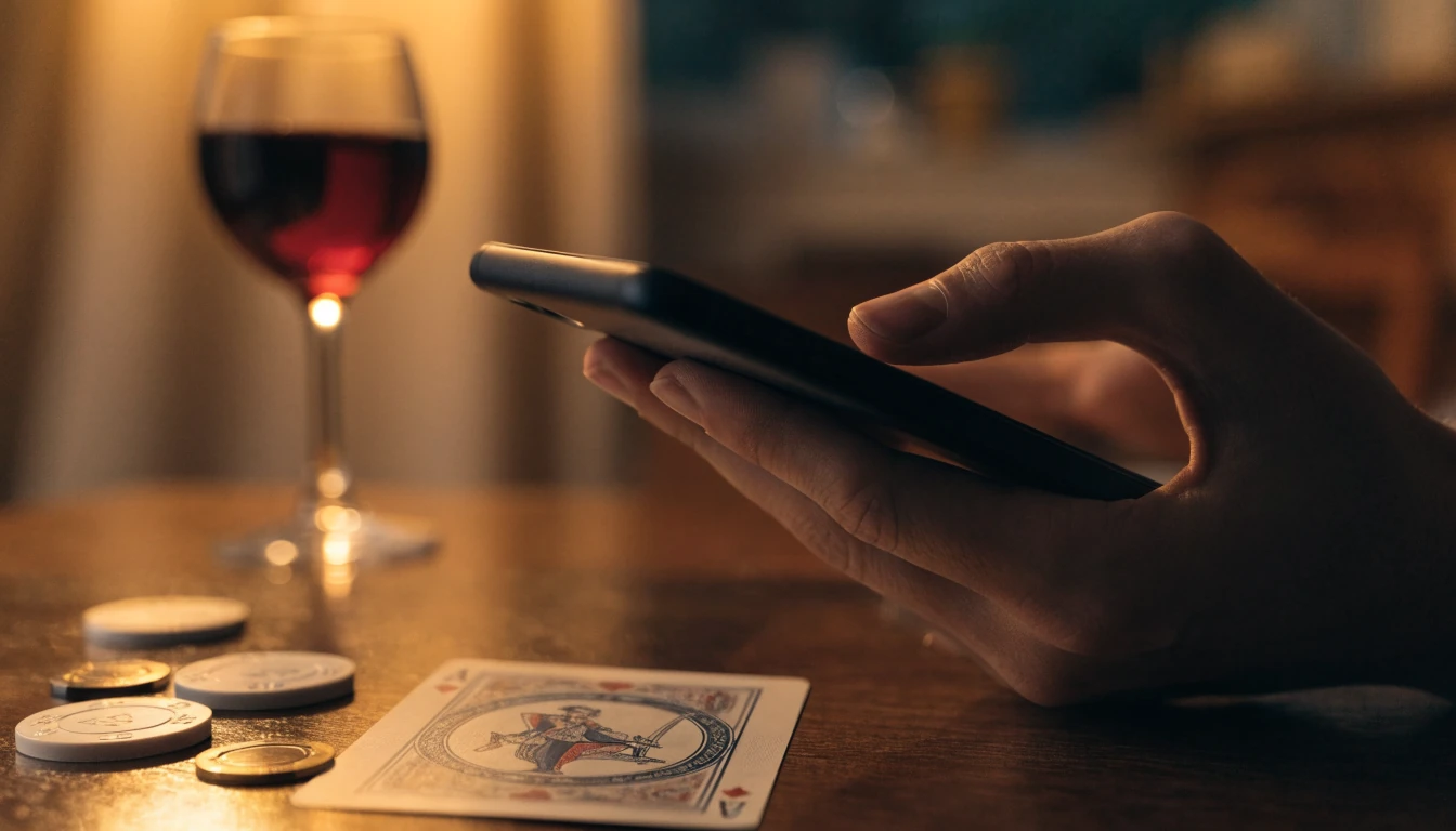 Mano sosteniendo un móvil junto a fichas de casino, carta española y vino tinto