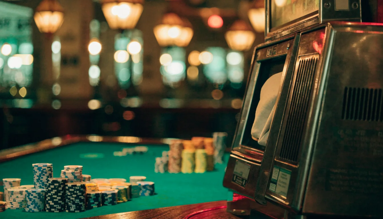 Sala de casino española con máquina tragaperras y fichas de colores sobre mesa de fieltro verde